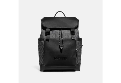 Coach League Flap Backpack In Signature Jacquard In Charcoal/black