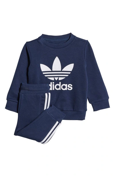 Adidas Originals Babies' Crewneck Sweatshirt & Joggers Set In Night Indigo