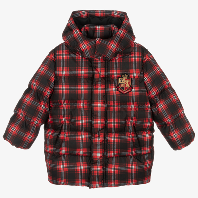 Dolce & Gabbana Babies' Red Check Hooded Puffer Coat