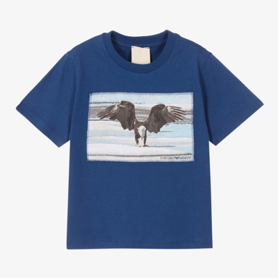 Emporio Armani Kids' Eagle Print Organic Cotton T-shirt In Blue