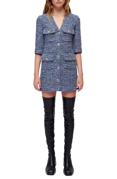 Maje Short Tweed Dress With Accentuated Waist In Blue | ModeSens