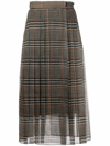 Brunello Cucinelli Pleated Silk Houndstooth Midi Skirt With Monili Tab In Brown