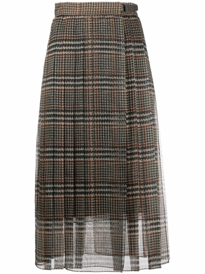 Brunello Cucinelli Pleated Silk Houndstooth Midi Skirt With Monili Tab In Multi-colour