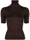 Saint Laurent Rib Short-sleeve Silk Turtleneck Sweater In Brown
