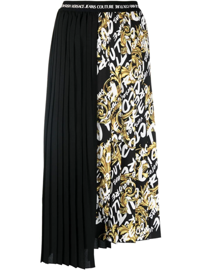 Versace Jeans Couture Asymmetric Black And White Midi Skirt In Crepe Woman In Black Gold