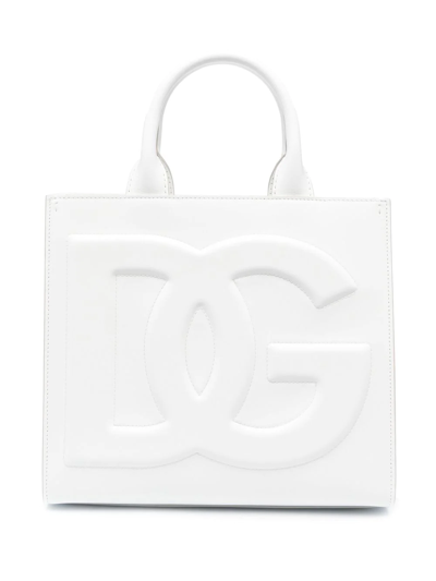 Dolce & Gabbana Embossed-logo Leather Tote Bag In White