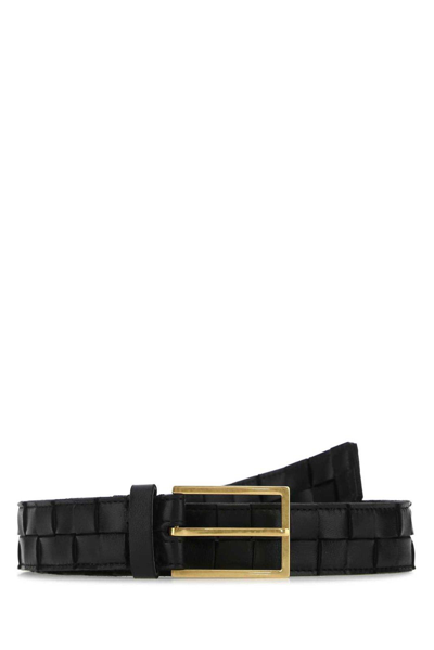 Bottega Veneta Intreccio Leather Belt In Black Gold