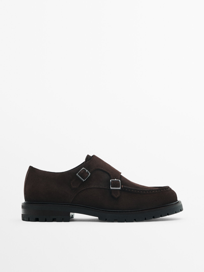 Massimo Dutti Waxed Leather Monk Shoes In Brown