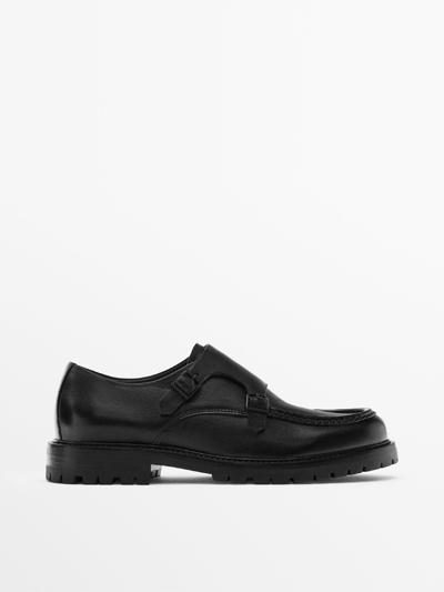 Massimo Dutti Nappa Leather Monk Shoes In Black