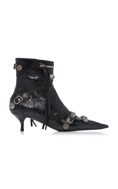 Balenciaga Cagole Lambskin Buckle Zip Ankle Booties In Black Aged Nikel