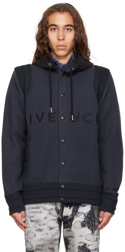 Givenchy Blue Embroidered Logo Hooded Jacket