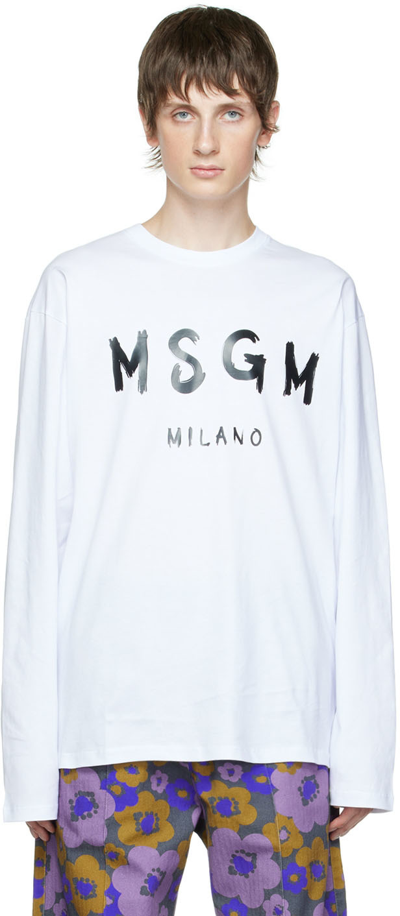 Msgm White Printed Long Sleeve T-shirt In 01 Optical White