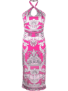 VERSACE SILVER BAROQUE-PRINT HALTERNECK MIDI DRESS