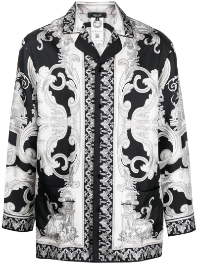 Versace Silver Baroque-print Silk Pyjama Shirt In Black