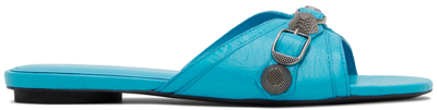 Balenciaga Cagole Lambskin Buckle Flat Sandals In Blue