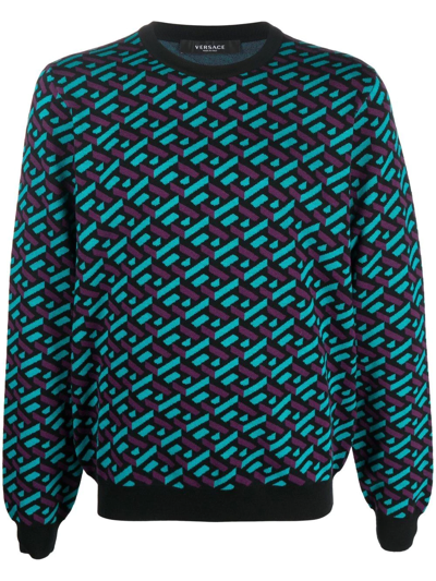 Versace La Greca Jacquard Sweater, Male, Fuchsia+turquoise, 52 In Blue
