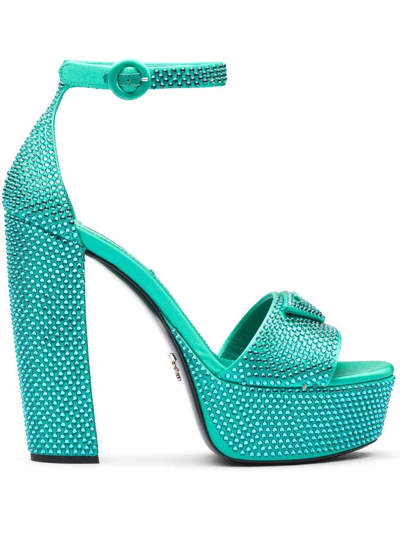 Prada Crystals Satin Platform Sandal In Green