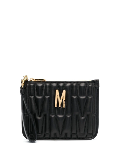 Moschino Quilted Logo-plaque Clutch Bag In Black