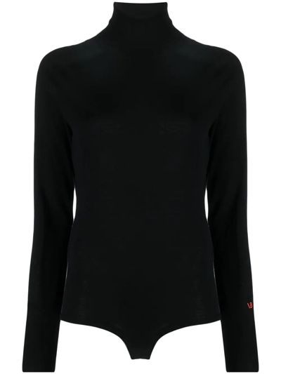 Victoria Beckham Embroidered Merino Wool Turtleneck Bodysuit In Black
