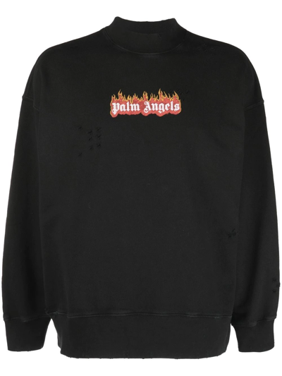 Palm Angels Black Burning Logo Classic Long Sleeve T-shirt In Black White