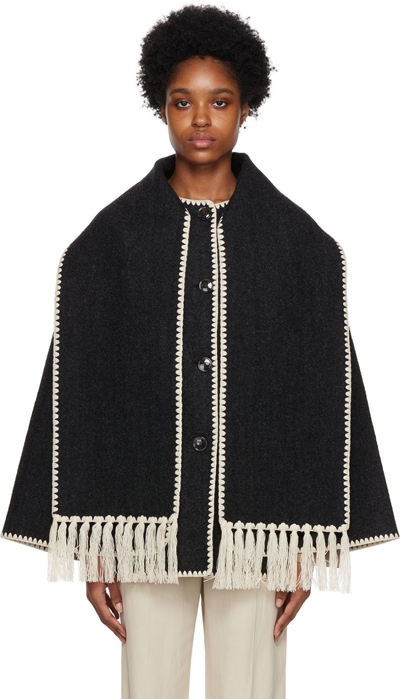 Totême Embroidered Fringe Contrast-trim Scarf Wool Jacket In Grey