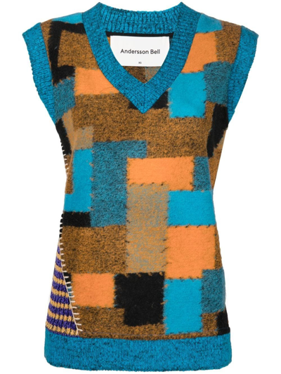 Andersson Bell Patchwork-print Knit Waistcoat In Blue Blue