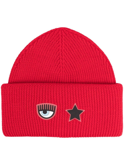 Chiara Ferragni Logo-patch Detail Knit Beanie In Red