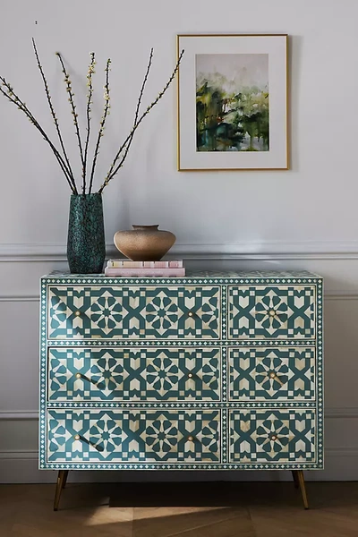 Anthropologie Moroccan Inlay Six-drawer Dresser In Blue