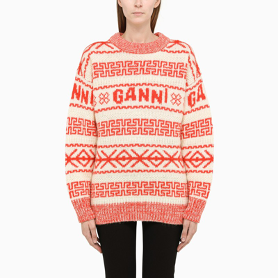 Ganni Orange Intarsia Logo Wool Jumper In Orange,beige