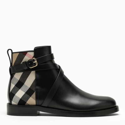 Burberry Archive Check Leather Ankle Boots In Black