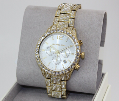 Pre-owned Michael Kors Authentic  Layton Gold Crystals Glytz Pave Mk6941 Women's Watch