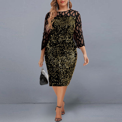 Pre-owned Elegant Sequin Plus Size Mesh Sleeve Round Neck Midi Dress In Gold