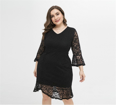 Pre-owned Elegant Lace Plus Size Long-sleeved Slim Evening Dress In Black Dress