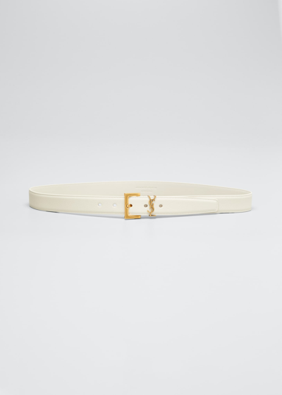 Saint Laurent Box Laque Ysl Leather Belt In Cream/bronze