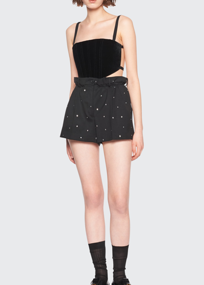 Miu Miu Crystal-embellished Paperbag Wool Shorts In F0002 Nero