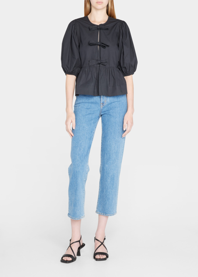 Ganni Poplin Front-tie Peplum Blouse With Puffed-sleeves In Black