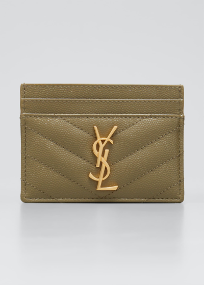 Saint Laurent Ysl Grain De Poudre Leather Card Case, Golden Hardware In 7314 Lt Chartreus