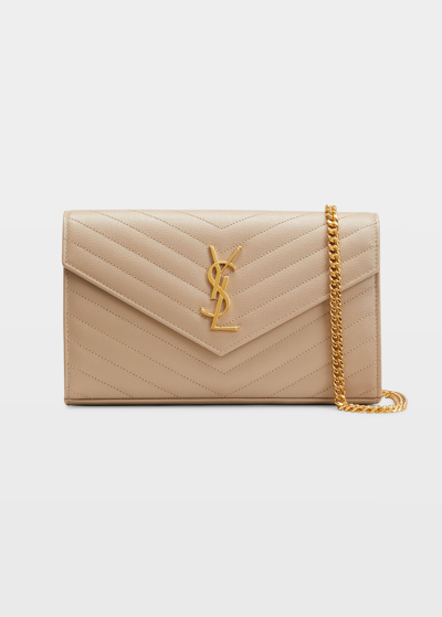 Saint Laurent Monogramme Large Grain De Poudre Wallet On Chain In 2346 Taupe