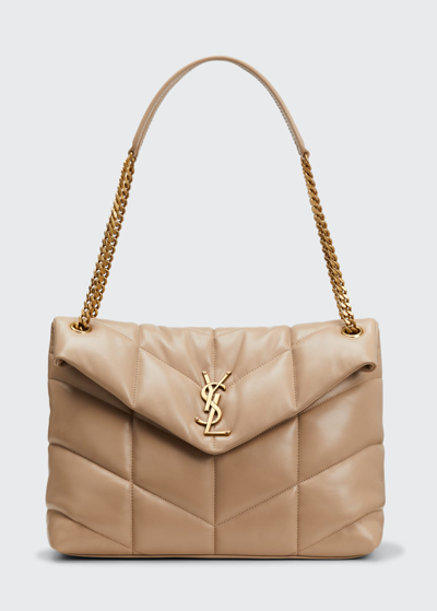 Saint Laurent Loulou Puffer Medium Ysl Flap Shoulder Bag In Beige