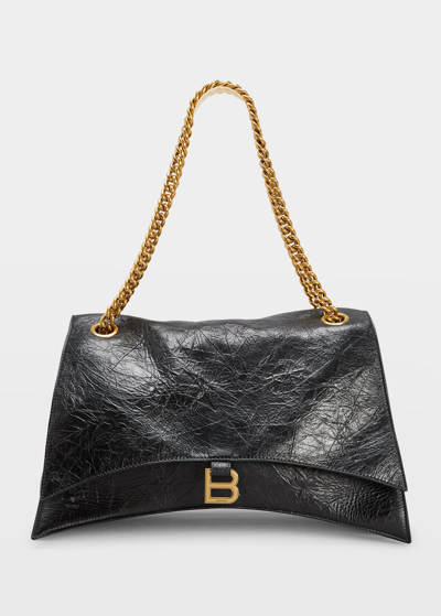 Balenciaga Crush Large Crinkled Leather Chain Shoulder Bag In Black