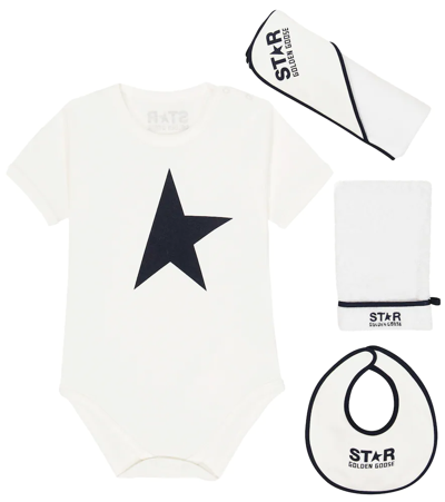Golden Goose White Set For Baby Kids With Logo In Blue