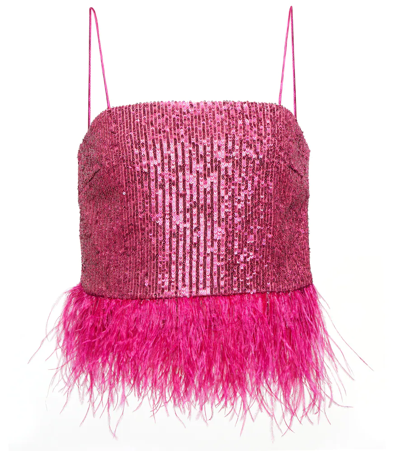 Rebecca Vallance Missing Hours Sequined Feather-trimmed Crop Top In Pink