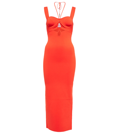 Galvan Kali Keyhole Halter Bustier Midi Dress In Coral Orange