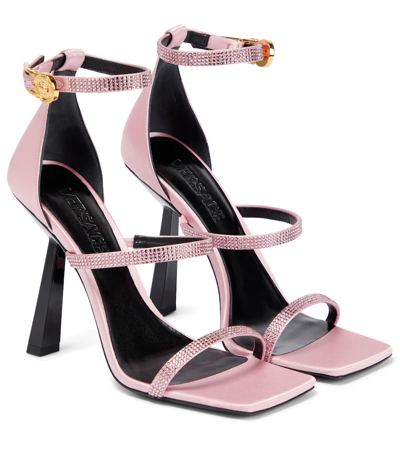 Versace Fendace Embellished Satin Sandals In Pink