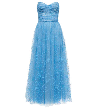 Monique Lhuillier Strapless Polka-dot Tulle Midi Dress In Dusty Blue