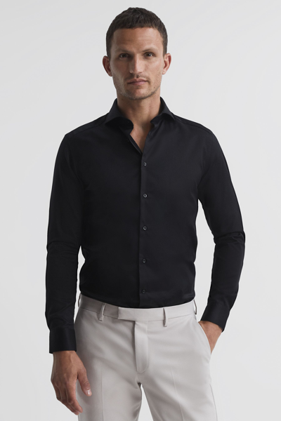 REISS STORM - BLACK SLIM FIT TWO-FOLD COTTON SHIRT, L