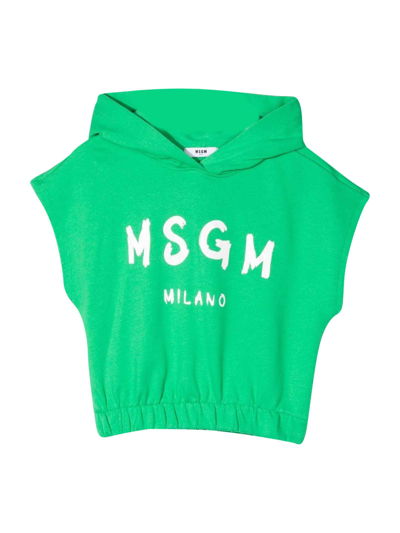 Msgm Kids' Green Girl Sweatshirt With Hood And White Print