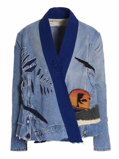 Greg Lauren Embroidered Patchwork Cotton And Wool-blend Denim Shirt In Blue