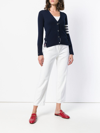 THOM BROWNE THOM BROWNE WOMEN CLASSIC V NECK CARDIGAN IN CASHMERE WITH WHITE 4 BAR SLEEVE STRIPE
