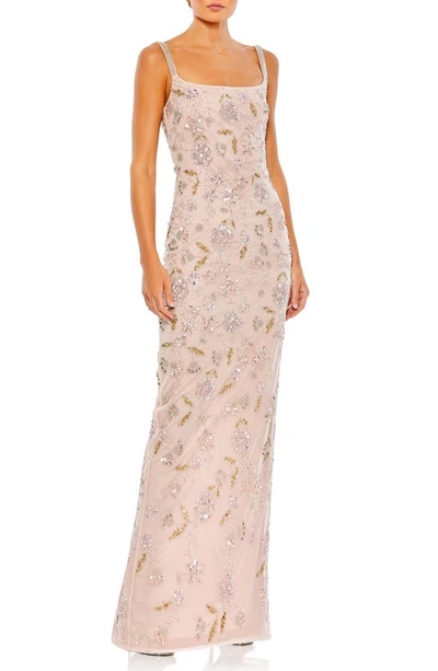 Mac Duggal Floral Beaded Sheath Gown In Rose